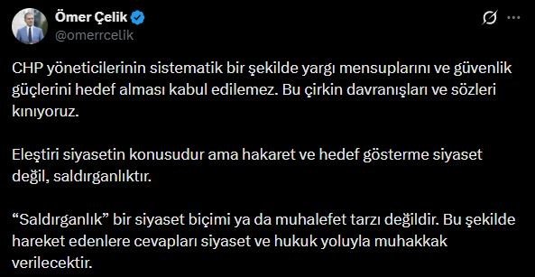 AK Parti Sözcüsü Çelik’ten CHP’ye tepki: “Hakaret ve hedef gösterme siyaset değil, saldırganlıktır”
