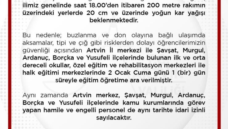 Artvin’de eğitime 1 gün ara verildi