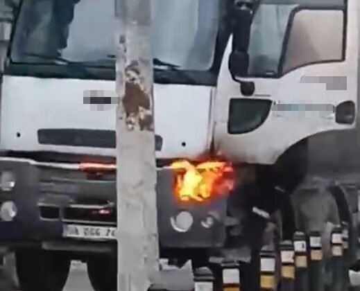 Beton kamyonu alev aldı, esnaf güçlükle söndürebildi