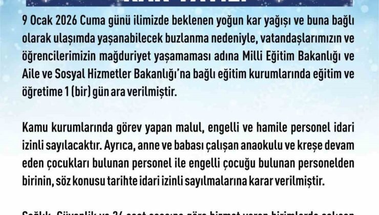 Elazığ’da eğitime 1 gün ara verildi