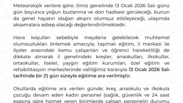 Kayseri’de eğitime 1 gün ara verildi