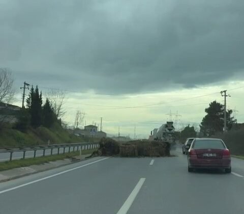 Seyir halindeki tırdan düşen saman balyaları trafiği tehlikeye attı