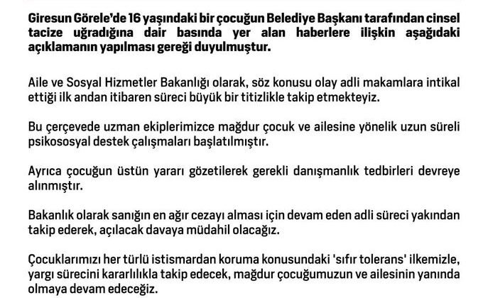 Aile ve Sosyal Hizmetler Bakanlığından Görele’deki taciz iddiasıyla ilgili açıklama: “Sıfır toleransla, yargı sürecini kararlılıkla takip edeceğiz”