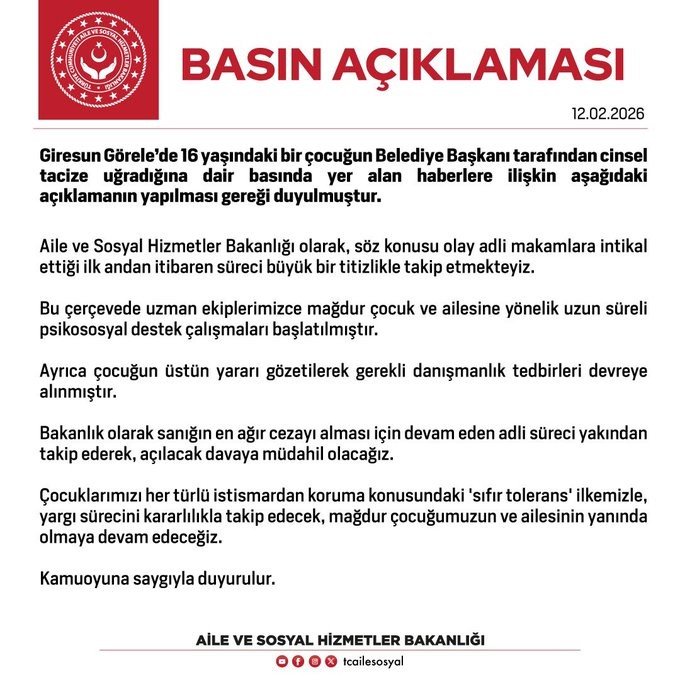 Aile ve Sosyal Hizmetler Bakanlığından Görele’deki taciz iddiasıyla ilgili açıklama: “Sıfır toleransla, yargı sürecini kararlılıkla takip edeceğiz”