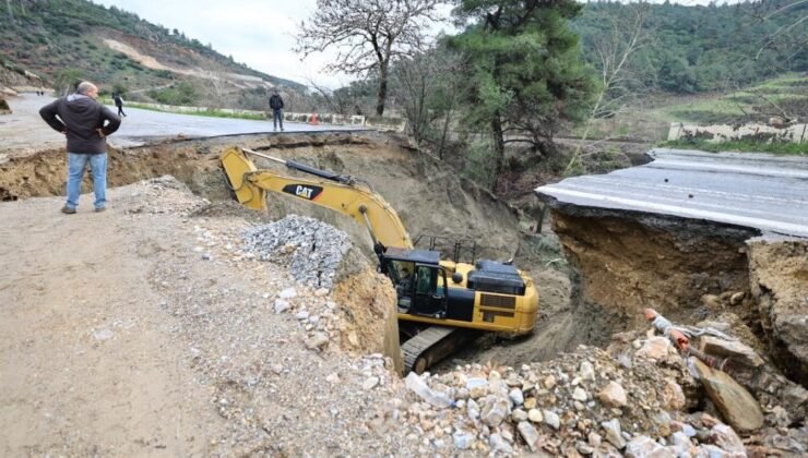 Aydın sınırında çöken yol ulaşıma kapandı
