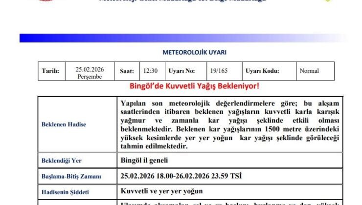 Bingöl için ‘Kuvvetli Yağış’ uyarısı