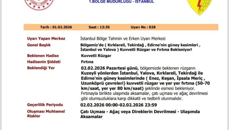 Kırklareli, Tekirdağ ve Edirne için sarı kodlu uyarı