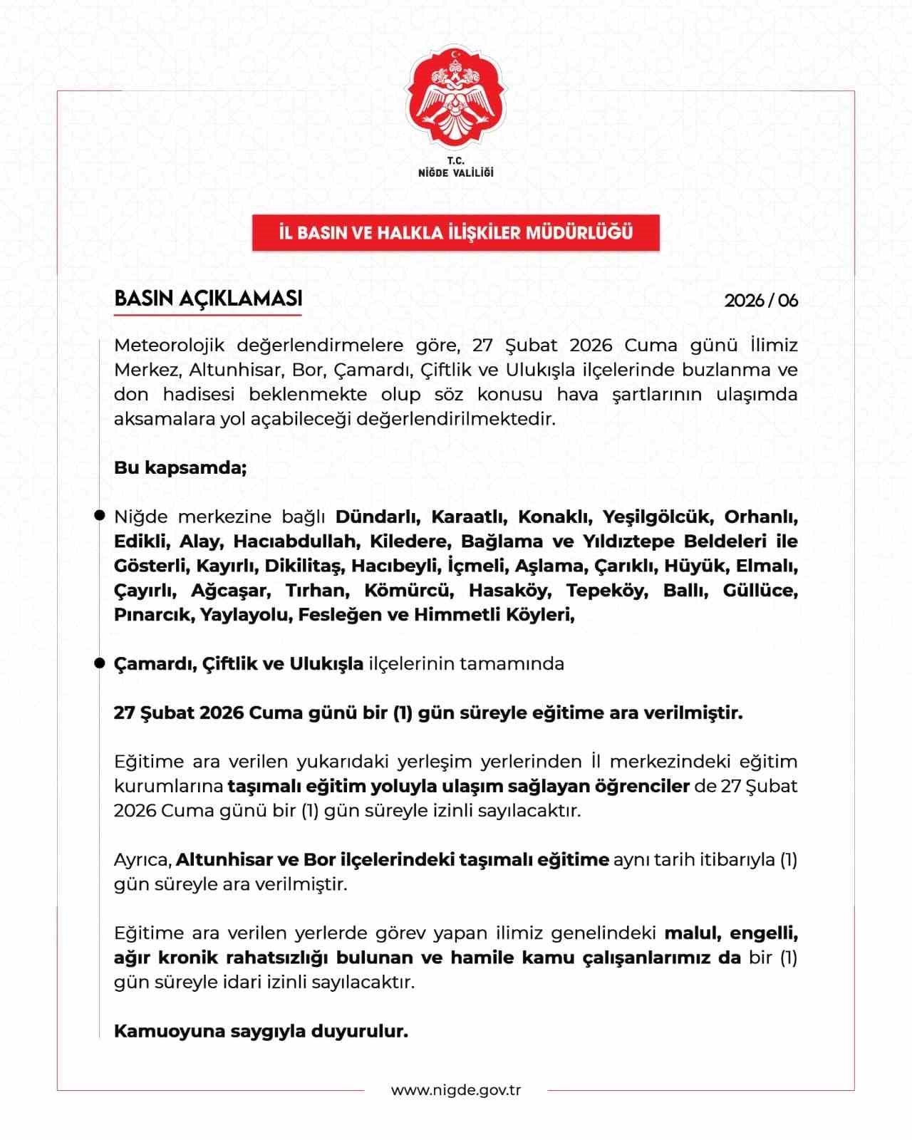 Niğde’de bazı okullarda eğitime ara verildi