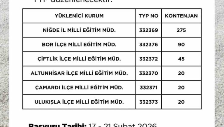 Niğde’de okullara 470 kişilik TYP alımı yapılacak