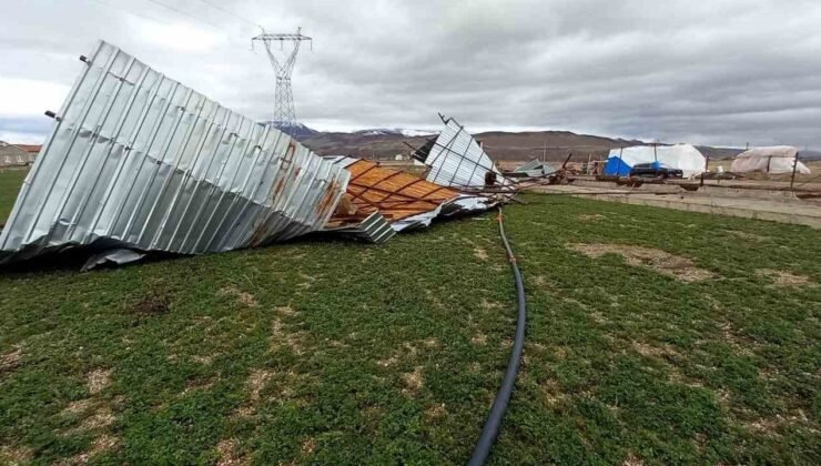 Şiddetli rüzgar ahırın çatısını uçurdu