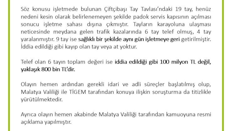 TİGEM’den ’değeri 100 milyon lira olan yarış atları kayıp’ iddialarına yalanlama