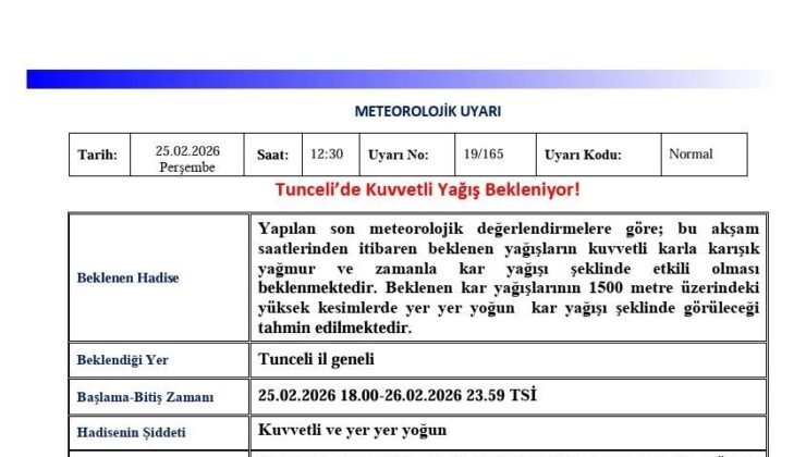 Tunceli için ‘Kuvvetli Yağış’ uyarısı