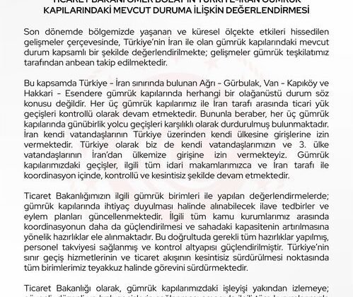 Bakan Bolat: “İran ile olan gümrük kapılarındaki mevcut durum anbean takip edilmektedir”