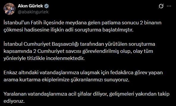 Bakan Gürlek: “2 binanın çökmesi hadisesine ilişkin adli soruşturma başlatılmıştır”