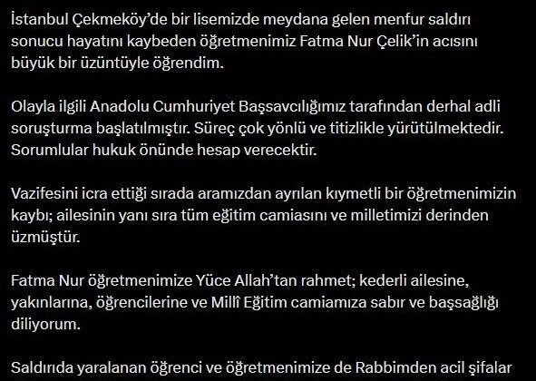 Bakan Gürlek: “(Öğretmen Fatma Nur Çelik) Olayla ilgili derhal adli soruşturma başlatılmıştır”