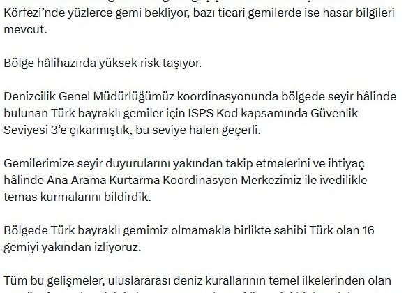Bakan Uraloğlu: “Hürmüz Boğazı’ndaki ve bölgedeki su yollarındaki gelişmeleri anbean takip ediyoruz”