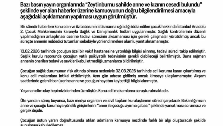 Bakanlıktan Zeytinburnu’ndaki anne ve çocuk ölümüyle ilgili açıklama