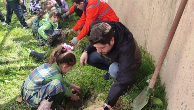 Çavdarhisar’da minikler okul bahçesine fidan dikti