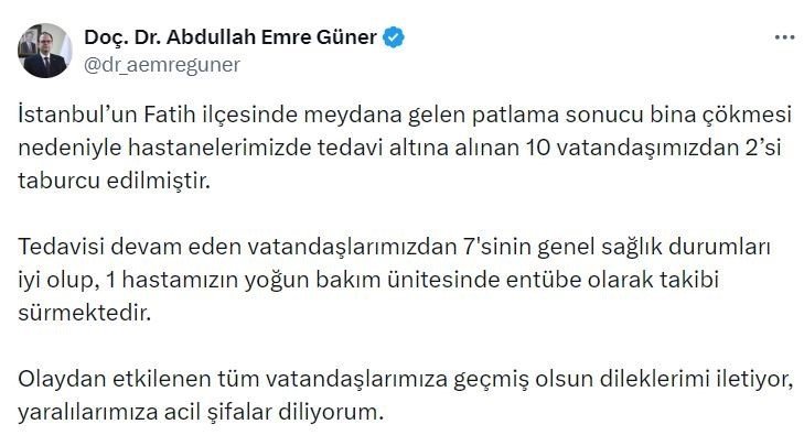 İstanbul İl Sağlık Müdürü Doç. Dr. Abdullah Emre Güner: “Tedavi altına alınan 10 vatandaşımızdan 2’si taburcu edilmiştir”