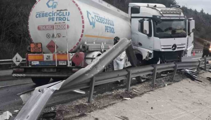 Mazot yüklü tanker kontrolden çıkarak karşı şeride geçti
