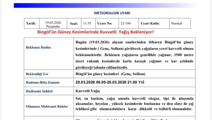 Meteorolojiden  Bingöl için kuvvetli yağış uyarısı